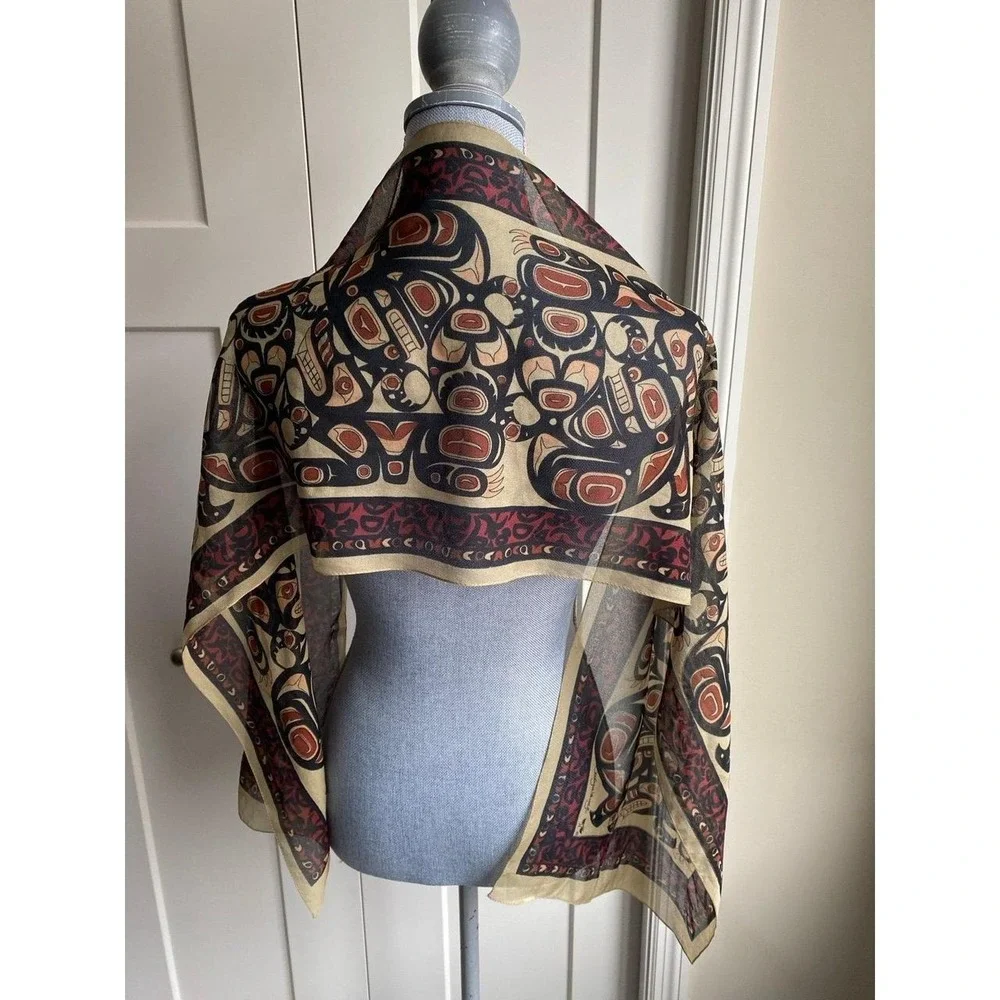 Jocelyn Waugh Indigenous Artist Sheer Silk Scarf Inuit Black Brown 60